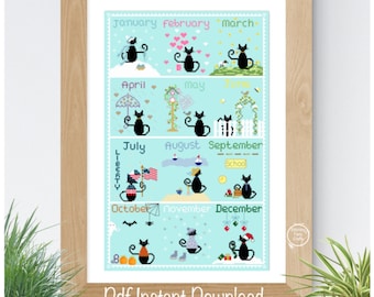 Black Cat Calendar Cross Stitch Pattern, PDF, black cat lover, cross stitch gift, cross stitch lover, cute pattern.