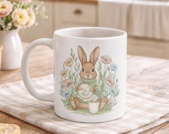 Whimsical Bunny Cross Stitch Coffee Mug – Floral Embroidery Rabbit Tea Time Ceramic Cup, cross stitch gift, cross stitch lover, Mum gift,