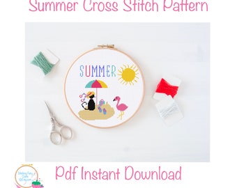 Summer pdf cross  stitch pattern, Summer,  instant download, gift for her, cat lover, Mother’s Day FREE DELIVERY