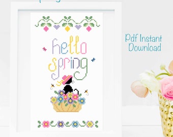 Hello Spring cross stitch pattern, digital pdf, cross stitch pattern of a black cat sat amongst spring flowers.  Instant download.