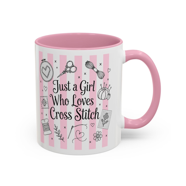 Cross Stitch Mug - "Just a Girl Who Loves Cross Stitch" Pink Striped Ceramic Coffee Cup (11oz/15oz) image 4