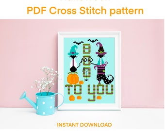 Halloween Black Cat Cross stitch pdf pattern, Boo to You, modern cross stitch pattern.