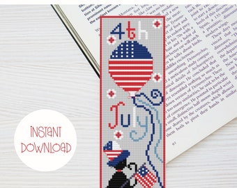 Pdf 4th July USA Independence Day  Bookmark Cross Stitch Pattern, Instant Download, cross stitch gift, book lover