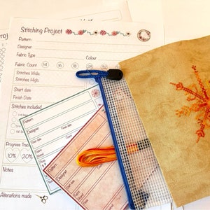 Cross stitch planner sheets and project cards for cross stitch.