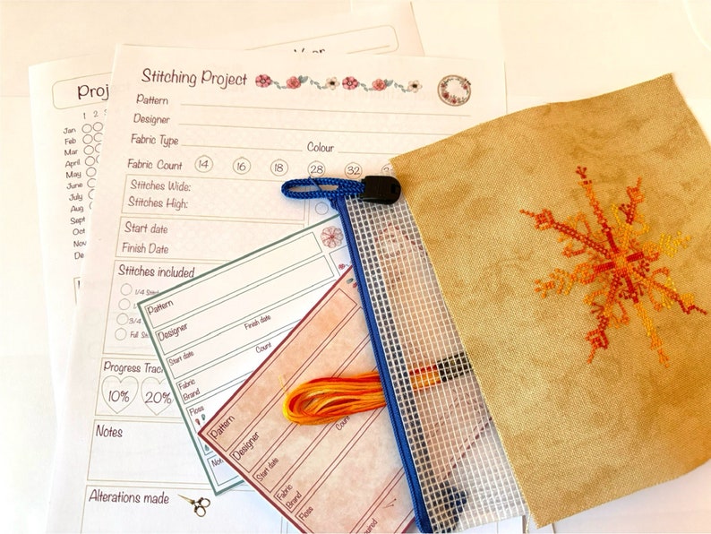 Cross stitch planner sheets and project cards for cross stitch.