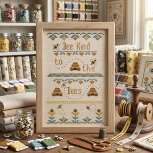 Patrón de punto de cruz Bee Kind, punto de cruz de verano, decoración del hogar, diseño moderno de colmena floral, amante de las abejas, pdf,