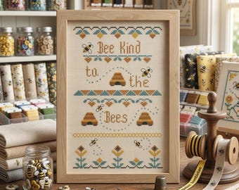 Bee Kind Cross Stitch Pattern, summer cross stitch, home decor,   Modern Floral Beehive Design, bee lover, pdf,