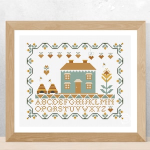 Sampler Bee House Cross Stitch Pattern pdf, Sampler, bee lover,  gift for her, birthday gift, Mothers Day.