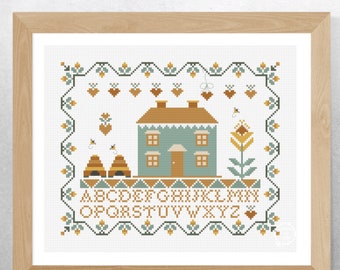 Sampler Bee House Cross Stitch Pattern pdf, Sampler, bee lover,  gift for her, birthday gift, Mothers Day.