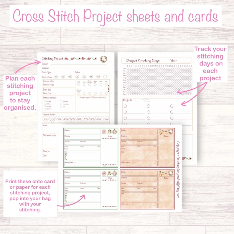 Printable stitching planner and project cards, embroidery planner, cross stitch gift, cross stitch organisation, gift for cross stitcher image 4