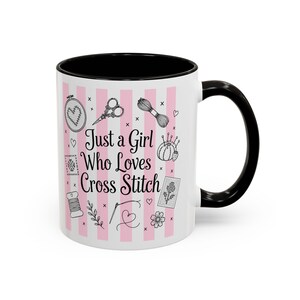 Cross Stitch Mug - "Just a Girl Who Loves Cross Stitch" Pink Striped Ceramic Coffee Cup (11oz/15oz) image 7