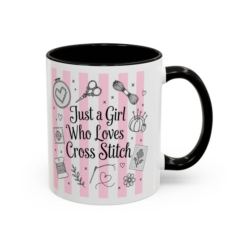 Cross Stitch Mug - "Just a Girl Who Loves Cross Stitch" Pink Striped Ceramic Coffee Cup (11oz/15oz) image 7