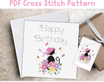 Happy Birthday cross stitch pattern, digital pdf, cross stitch design of a black cat with a pretty hat surrounded by flowers.