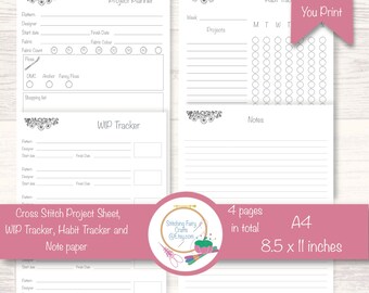 Printable stitch planner pages, WIP tracker, notepaper and project planner page,  cross stitch organisation, gift for cross stitcher