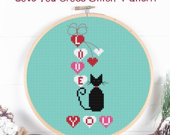 Valentine Love You Black Cat Cross Stitch Pattern, pdf  instant download, cross stitch gift, cross stitch lover, gift for her, gift for him.
