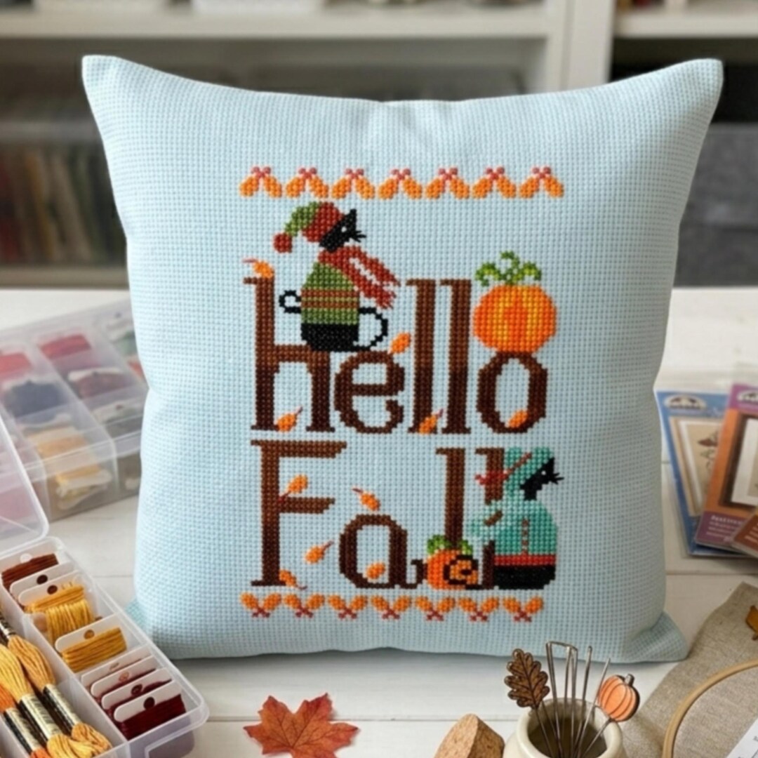 Hello Fall Cross Stitch Pattern PDF, Autumn Cat Embroidery, Pumpkin ...