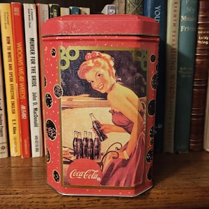 Vintage Coca-Cola Metal Tall Tin 1991 Red and Gold Container with Lid Collectible Memorabilia