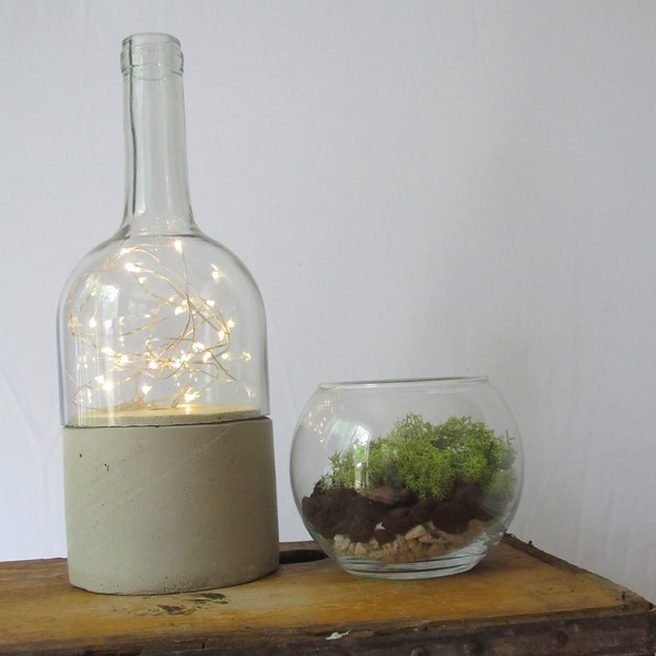 Upcycled Wine Bottle Fairy Twinkle String Light with Concrete Base: Unique gift for wine lover, table and home decor, nightlight, bookcase