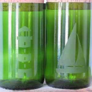 Coastal Nautical Themed Sailboat and Lighthouse Canister Green Jar Set Upcycled Wine Bottle with Natural Cork
