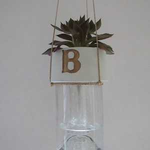 Upcycled Minimalist Custom Intitial Wine Bottle Cement Gold Rope Hanging Planter: Self-Watering