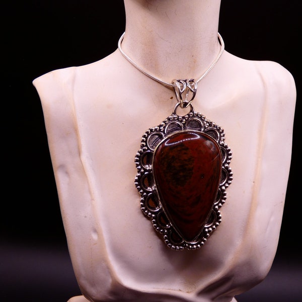 Deep brown black large tear shaped polished stone pendant. Faux Jasper gemstone