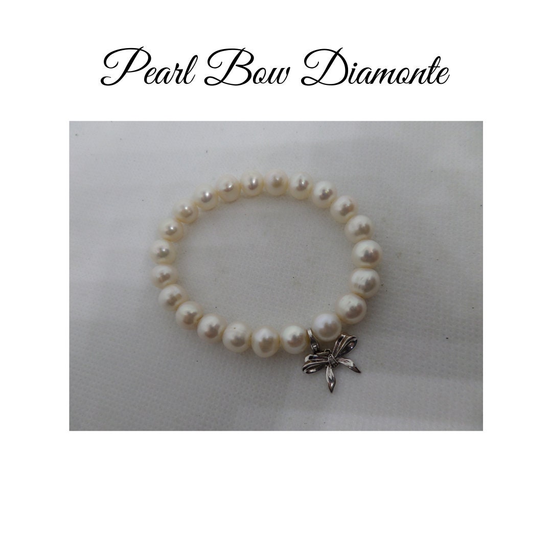 Faux Pearl Diamante Bow Stretch Bracelet. Beautiful Round Pearl Beads Strung on Flexible Waxed Twine to Accommodate Various Wrist Sizes. Etsy