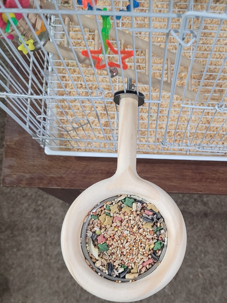 Small Bird Cage Perch: Pine Wood Snack Feeder with Stainless Steel Bowl bild 1