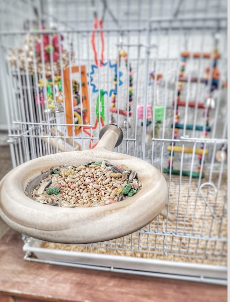 Small Bird Cage Perch: Pine Wood Snack Feeder with Stainless Steel Bowl bild 2