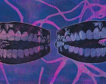 Two Chattering Teeth - Handmade linocut prints and monoprint collage, "Two Teeth 1"