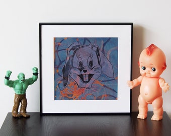Bugs Bunny Artwork - Handmade relief print and monoprint collage, "Rabbit 4"