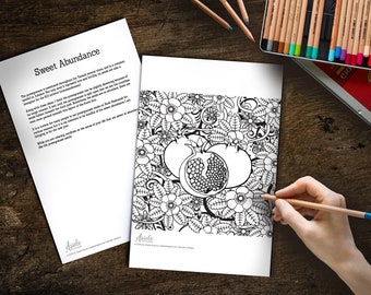 Printable Jewish Art - Floral Pomegranates  - Adult Coloring Book Page Rosh Hashanah