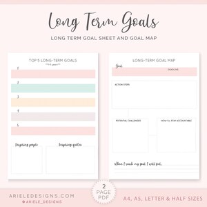 May include: Printable goal setting worksheet with a pink and white color scheme. The worksheet includes sections for listing top 5 long-term goals, a goal map with sections for goal, deadline, action steps, potential challenges, how to stay accountable, and how you will feel when you reach your goal.