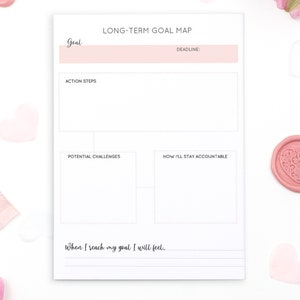 May include: A printable goal map worksheet with sections for goal, action steps, potential challenges, how to stay accountable, and how you will feel when you reach your goal.