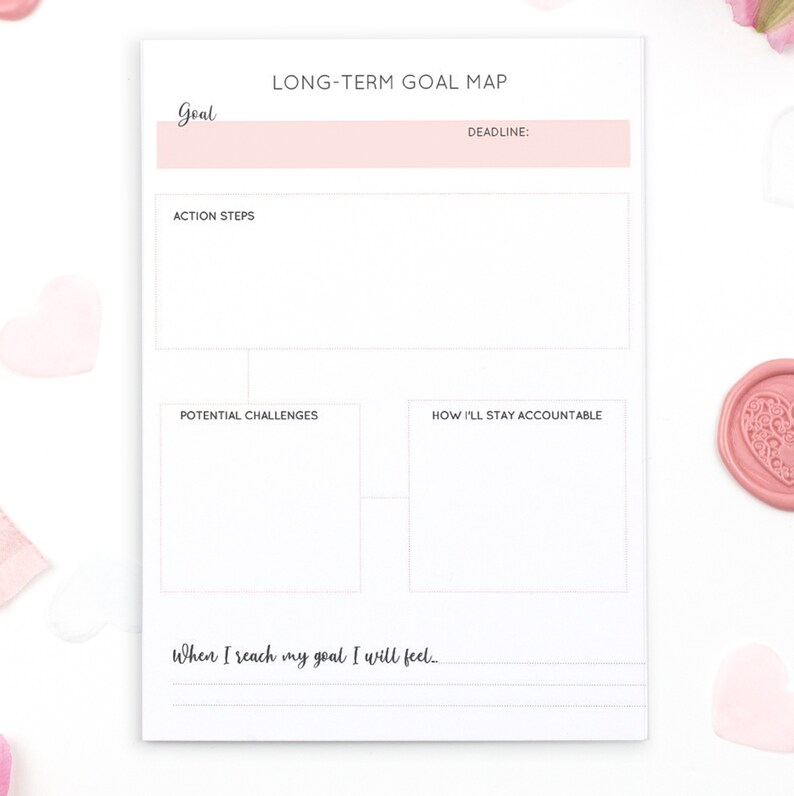 May include: A printable goal map worksheet with sections for goal, action steps, potential challenges, how to stay accountable, and how you will feel when you reach your goal.