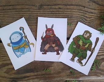 Cryptid Prints Trio - DnD cryptids - Rogue Mothman, Druid Bigfoot, Cleric Ghost (4x6 in)