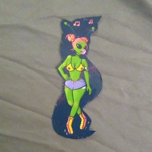 Alien Girl in Bikini Sticker - Vinyl 4-inch tall sticker - pinup alien art