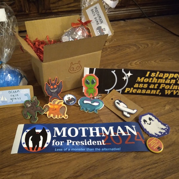 Cryptid Mystery Box - Care Package w/ Mothman, Bigfoot, Fresno nightcrawler, Nessie, more cryptids - pins, bath bombs, keychains mystery bag