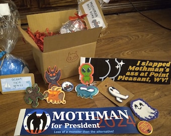 Cryptid Mystery Box - Care Package w/ Mothman, Bigfoot, Fresno nightcrawler, Nessie, more cryptids - pins, bath bombs, keychains mystery bag