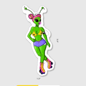 Alien Girl in Bikini Sticker - Weatherproof vinyl small 2.5 inch tall sticker - pinup alien art