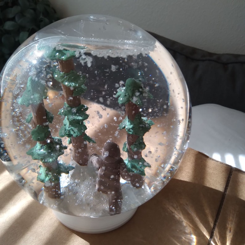 Bigfoot snow globe Clay handmade figurine in a 5 inch resin snow globe with white snow glitter handmade snowglobe christmas gift image 2