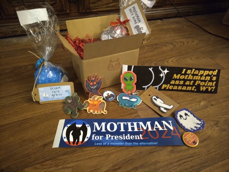 Cryptid Mystery Box - Care Package w/ Mothman, Bigfoot, Fresno nightcrawler, Nessie, more cryptids - pins, bath bombs, keychains mystery bag 