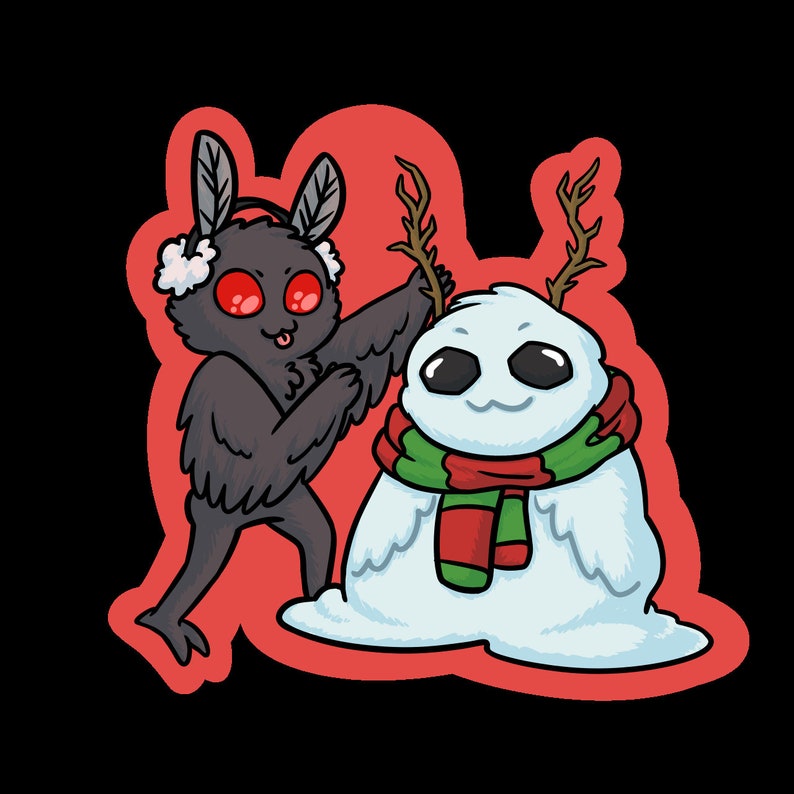 May include: A black and red moth with white earmuffs decorates a snowman with a green and red scarf and antlers. The snowman is smiling and has black eyes.