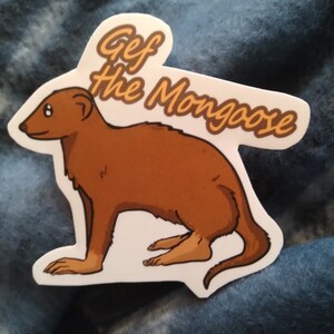 May include: A white sticker featuring a brown cartoon mongoose with the text "Gef the Mongoose" in yellow.