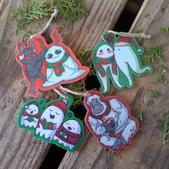 Cryptid Christmas Ornaments - Mothman ornament, Yeti, Fresno Nightcrawler, Ghosts - Holiday christmas tree ornament set