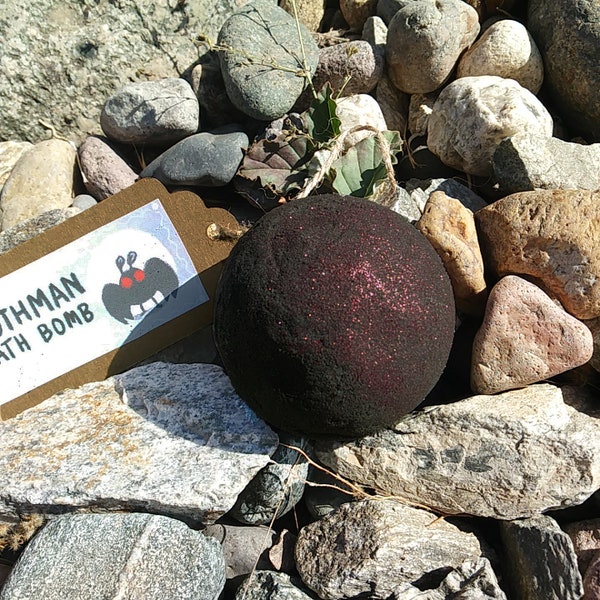 Black Mothman Bath bomb (2.75 Inch, 8 oz.) w/ Red eco-Glitter, shea butter, mica powder - Fragrance: Violet, Pomegranate, Sandalwood