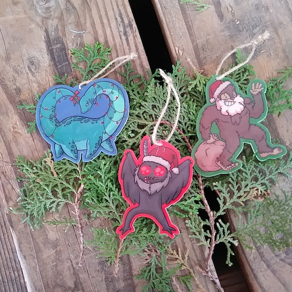 Cryptid Christmas Tree Ornaments - Mothman Ornament, Nessie Ornament, Bigfoot Ornament, trio (3 inches, one sided, handmade)