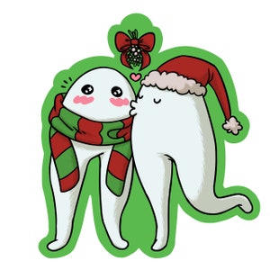 May include: Two white cartoon figures with long legs and arms, one wearing a red Santa hat and the other a green and red scarf, are kissing under a sprig of mistletoe.