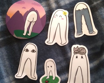 May include: Set of six stickers featuring various cartoon characters with long legs. The stickers are white with black outlines and feature different details, including a sunflower, a cat, and a ladybug.