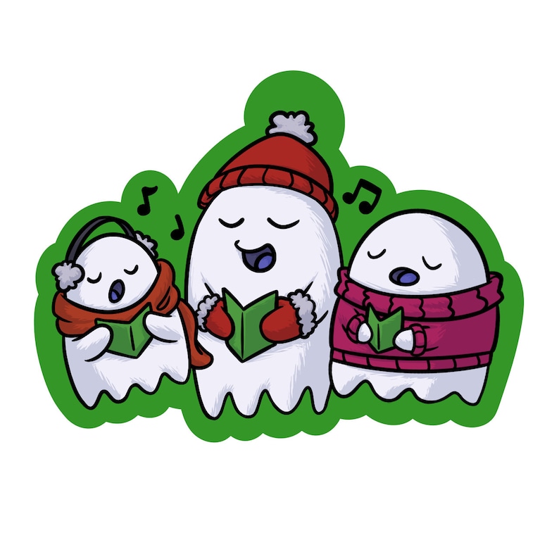 May include: Three cartoon ghosts wearing winter hats and scarves sing Christmas carols from sheet music. The ghosts are white with black eyes and mouths. The ghost in the center is wearing a red hat and scarf. The ghost on the left is wearing a red scarf and headphones. The ghost on the right is wearing a pink scarf.