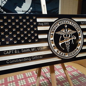Custom San Diego Naval Medical Center wooden carved flag